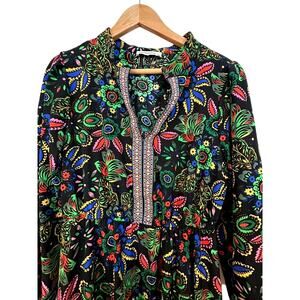 Rusttydustty Boho Floral Maxi Dress L – Black Multicolor Long‎ Sleeve Neck